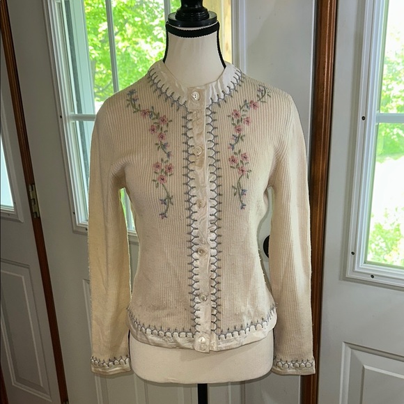 Laura Ashley Sweaters - Laura Ashley Cream Wool Ribbed Cardigan with Floral Embroidery and silky Trim